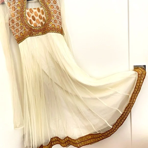 white and golden anarkali dress White and Gold Embroidered Georgette Anarkali- Indian Clothing in Denver,  CO and Aurora, CO- India Fashion X – Indian Fashion Xpressions